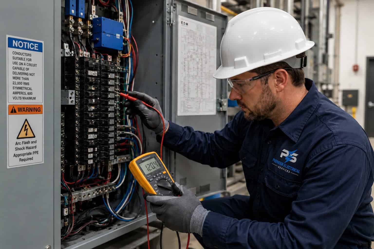 Electrical Troubleshooting Electrician Testing Industrial Control Panel