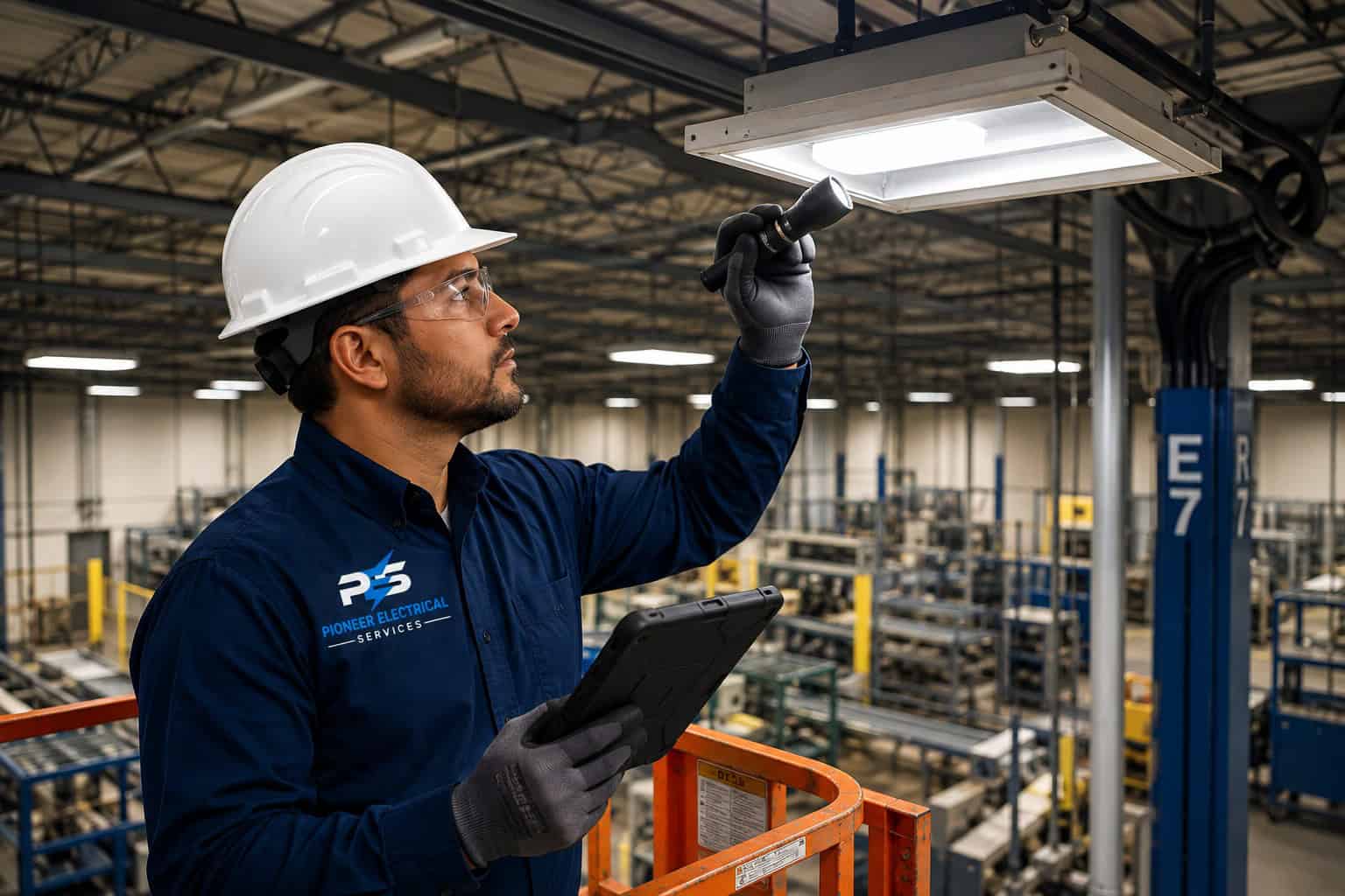 PES Electrician Inspecting Warehouse Lighting PES Electrician Inspecting Warehouse Lighting