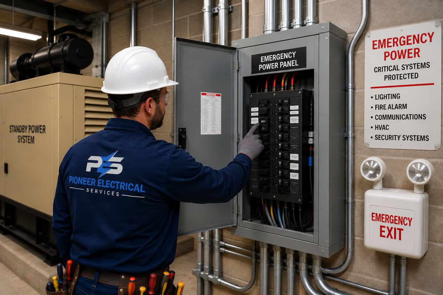 Technician Servicing Emergency Power Panel Technician Servicing Emergency Power Panel