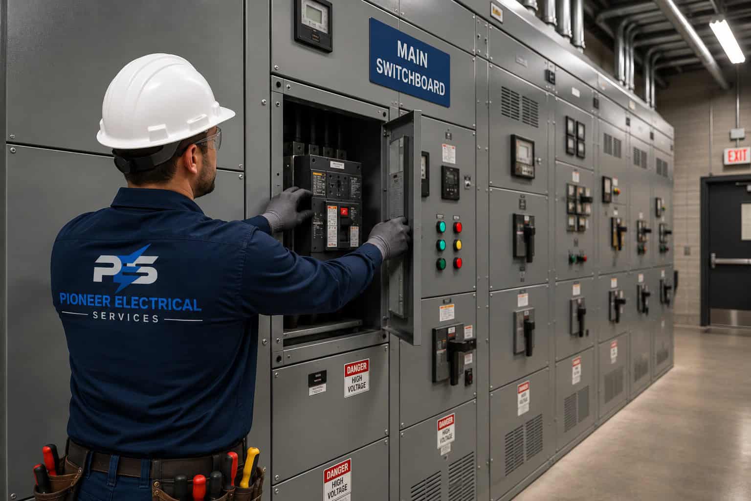 Technician Servicing Main Switchboard Industrial Electrician Servicing Main Switchboard
